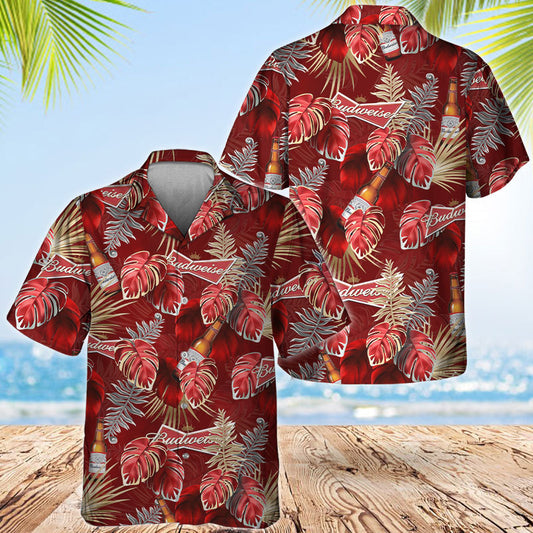 Budweiser Palm Leaves Print Hawaiian Shirt