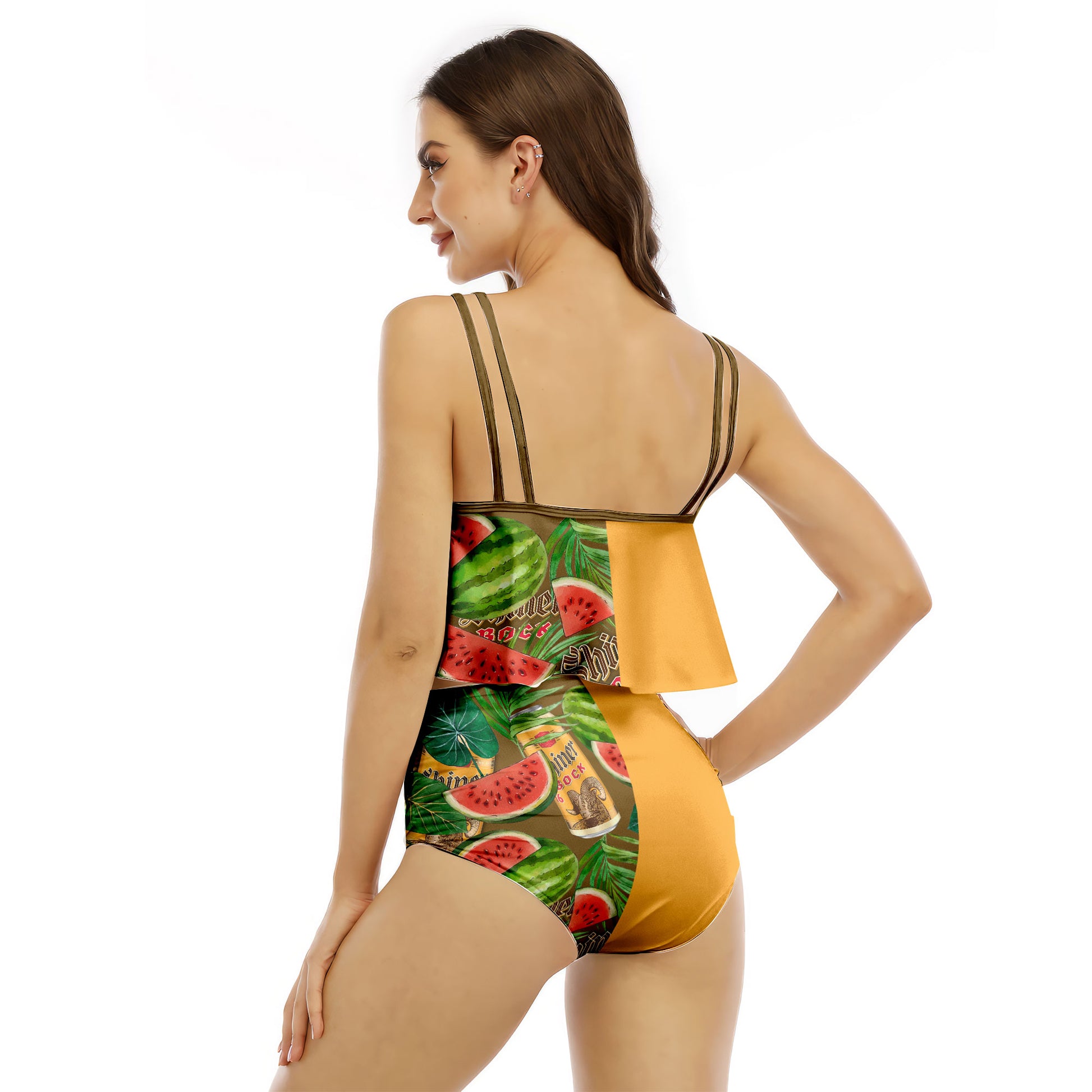 Half Side Shiner Bock Watermelon Ruffled Vest Swimsuit