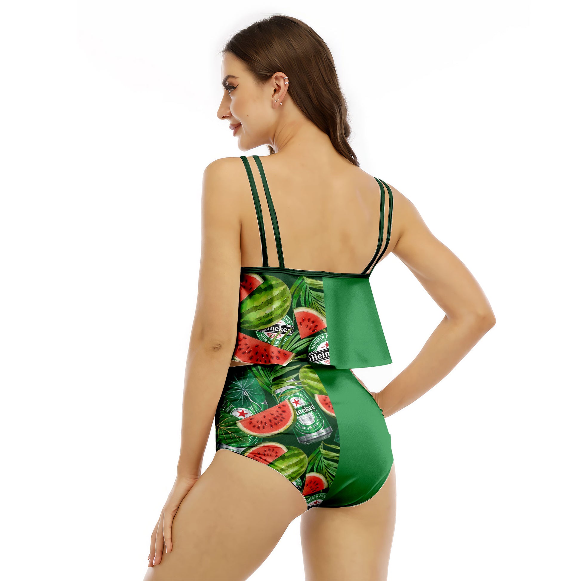 Half Side Heineken Watermelon Ruffled Vest Swimsuit