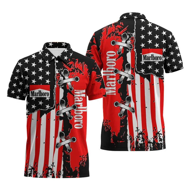 Marlboro Patriotic Grunge Flag Polo Shirt - VinoVogue.com