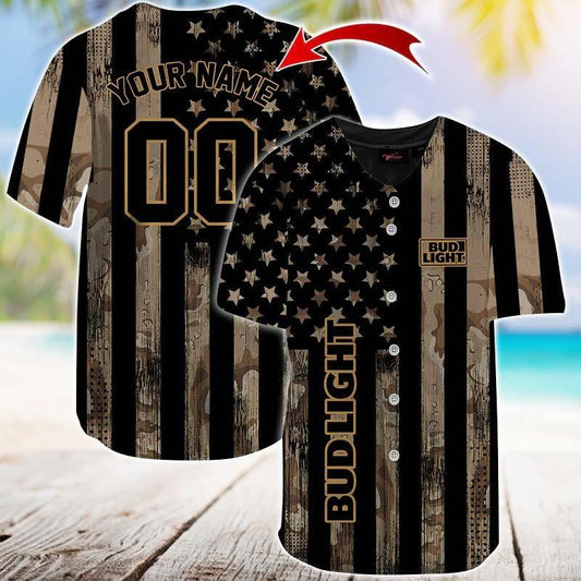 Personalized Bud Light Brown American Flag Jersey Shirt - VinoVogue.com