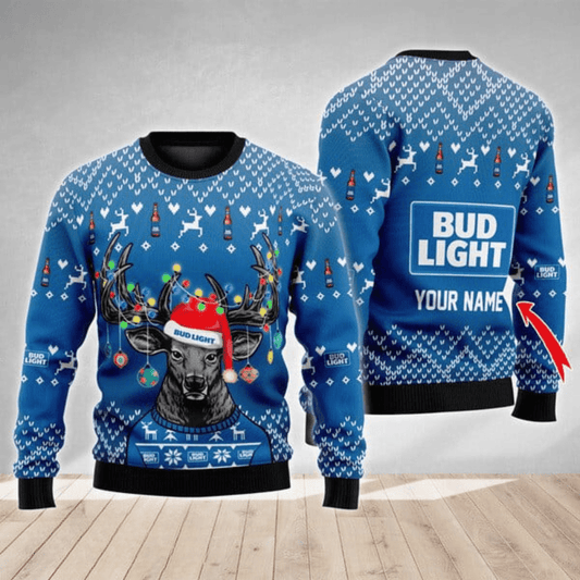 Personalized Bud Light Christmas Reindeer String Lights Ugly Sweater - VinoVogue.com