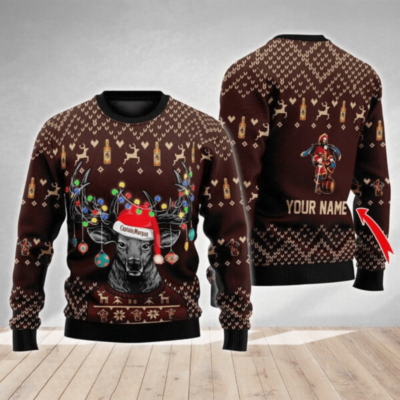 Personalized Captain Morgan Christmas Reindeer String Lights Ugly Sweater - VinoVogue.com
