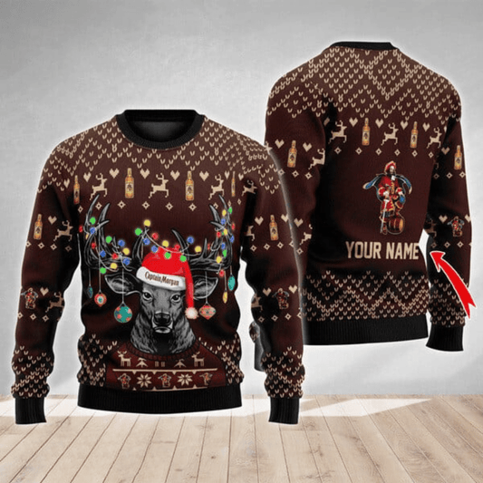 Personalized Captain Morgan Christmas Reindeer String Lights Ugly Sweater - VinoVogue.com