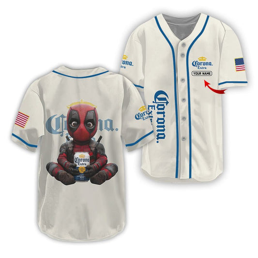Personalized Corona Extra Time with Deadpool Baseball Jersey - VinoVogue.com