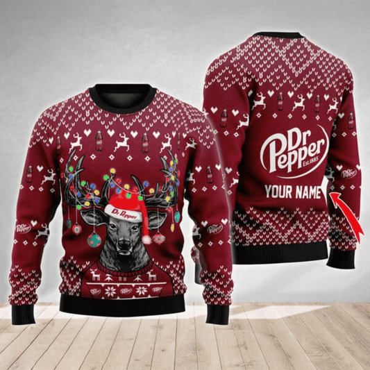 Personalized Dr Pepper Christmas Reindeer String Lights Ugly Sweater - VinoVogue.com