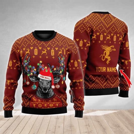 Personalized Fireball Christmas Reindeer String Lights Ugly Sweater - VinoVogue.com