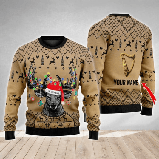 Personalized Guinness Christmas Reindeer String Lights Ugly Sweater - VinoVogue.com
