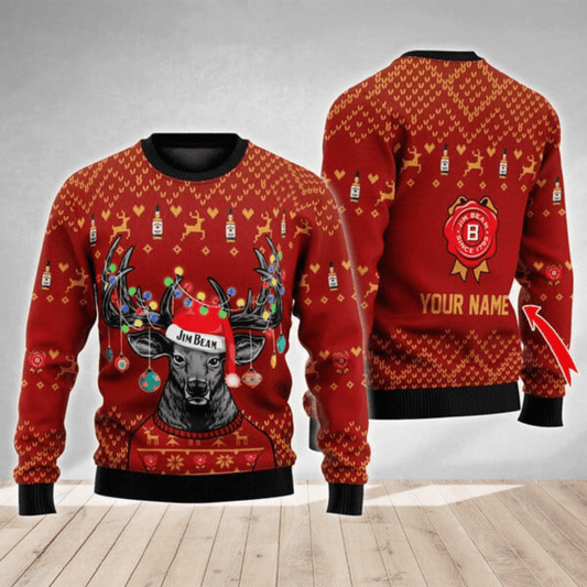 Personalized Jim Beam Christmas Reindeer String Lights Ugly Sweater - VinoVogue.com