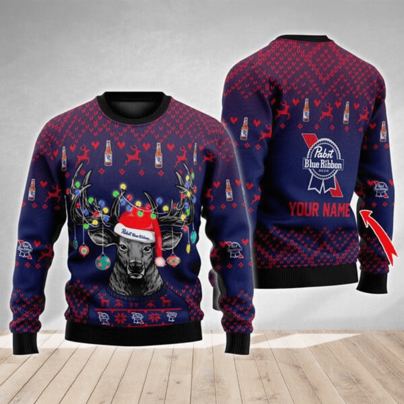 Personalized Pabst Blue Ribbon Christmas Reindeer String Lights Ugly Sweater - VinoVogue.com