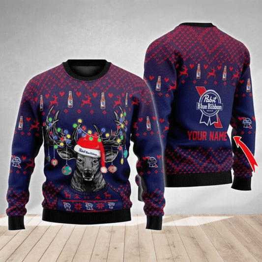 Personalized Pabst Blue Ribbon Christmas Reindeer String Lights Ugly Sweater - VinoVogue.com