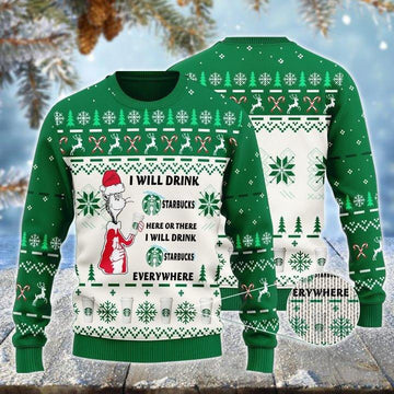 Starbucks Cat Hat Will Drink Everywhere Ugly Sweater - VinoVogue.com