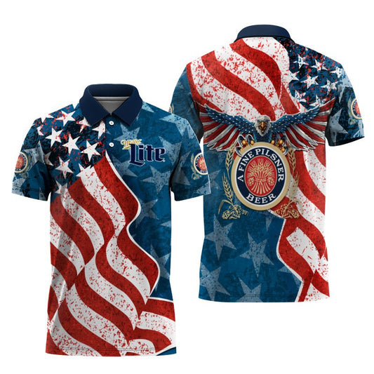 Miller Lite American Eagle Flag Polo Shirt - VinoVogue.com