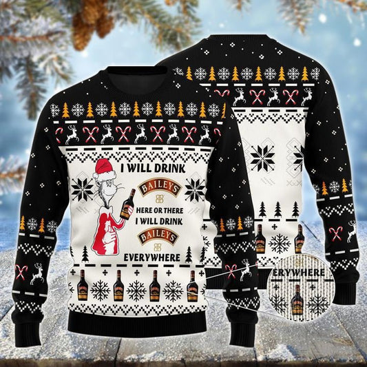 Baileys Cat Hat Will Drink Everywhere Ugly Sweater - VinoVogue.com