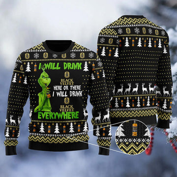 Black Velvet Grinch Will Drink Everywhere Ugly Sweater - VinoVogue.com