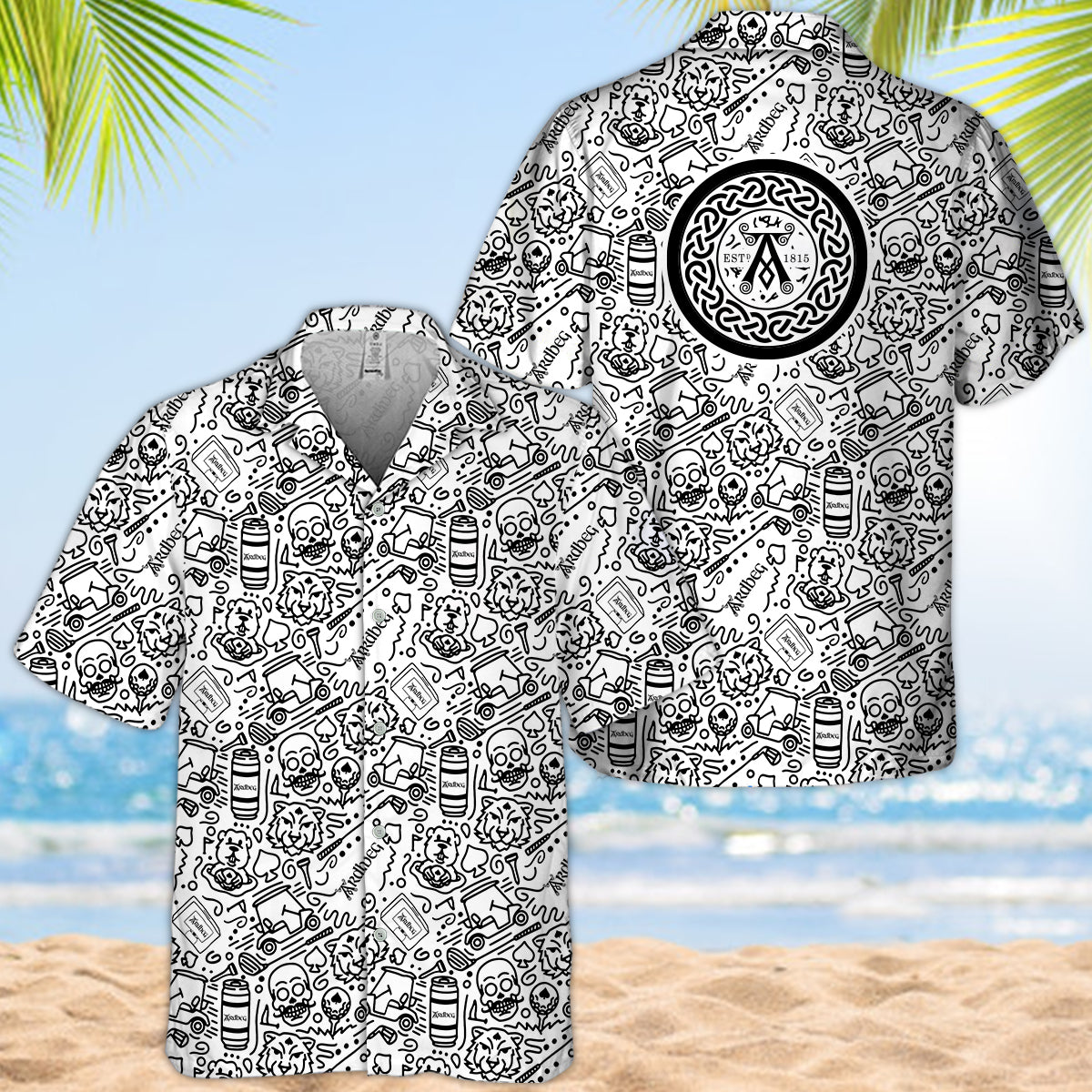 Black Ardbeg Summer Sticker Drawing Hawaiian ShirtBlack Ardbeg Summer Doodle Art Hawaiian Shirt