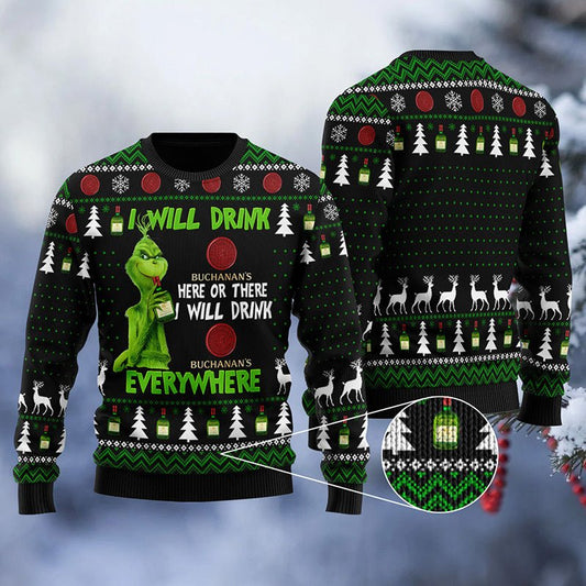 Buchanan Grinch Will Drink Everywhere Ugly Sweater - VinoVogue.com