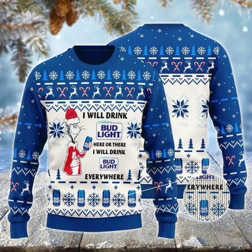 Bud Light Cat Hat Will Drink Everywhere Ugly Sweater - VinoVogue.com