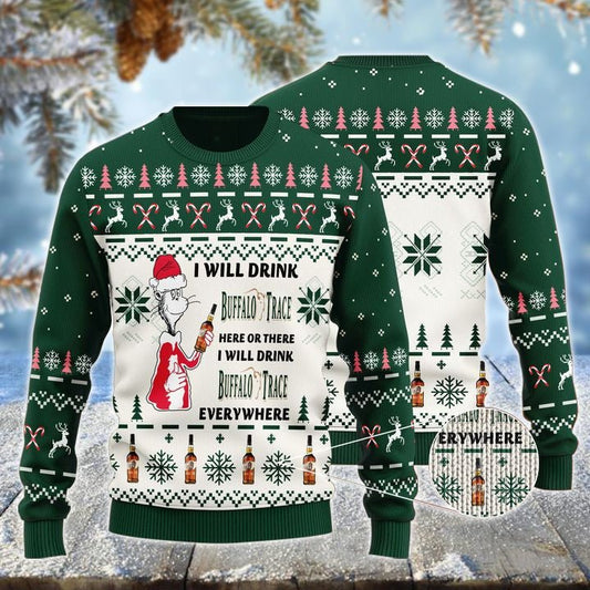 Buffalo Trace Cat Hat Will Drink Everywhere Ugly Sweater - VinoVogue.com