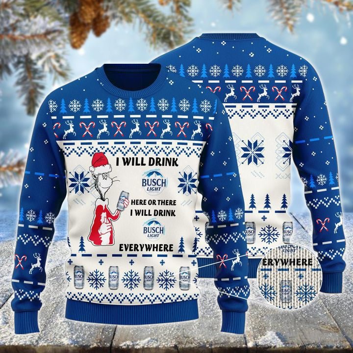 Busch Light Cat Hat Will Drink Everywhere Ugly Sweater - VinoVogue.com