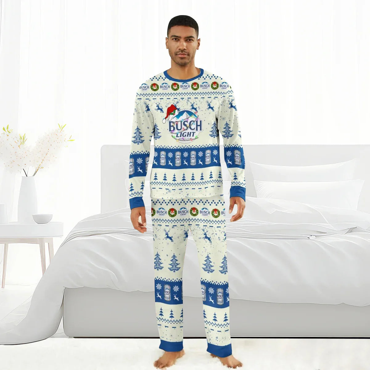 Man wearing Busch Light themed Christmas pajama set with festive holiday pattern in bright bedroom
