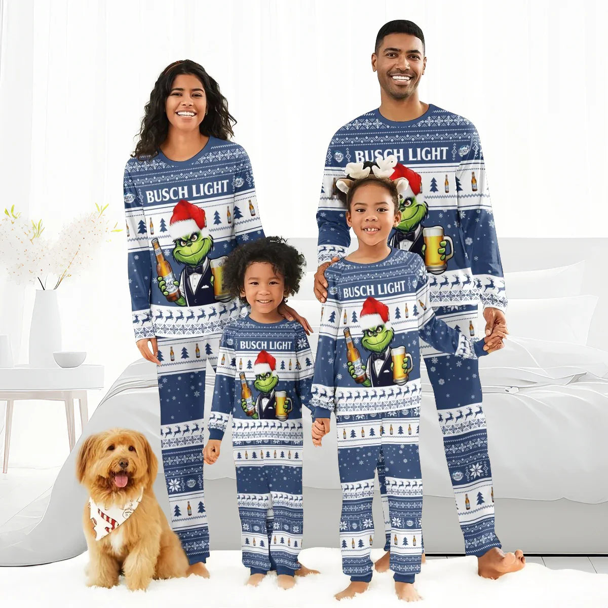 Family of four wearing matching blue Busch Light Christmas pajamas with Grinch and beer design, standing barefoot indoors with a dog