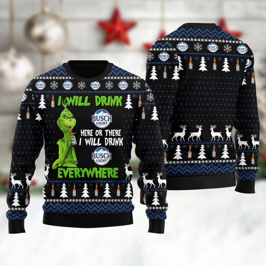 Busch Light Grinch Will Drink Everywhere Ugly Sweater - VinoVogue.com