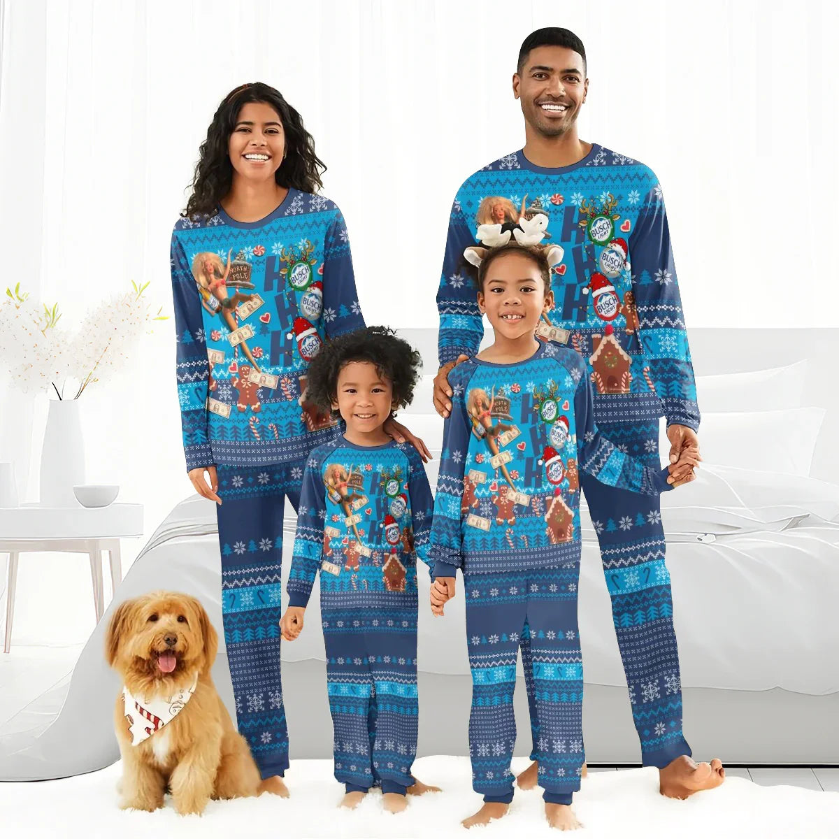 Smiling family in matching blue Christmas pajamas with Busch Light holiday design, indoor setting