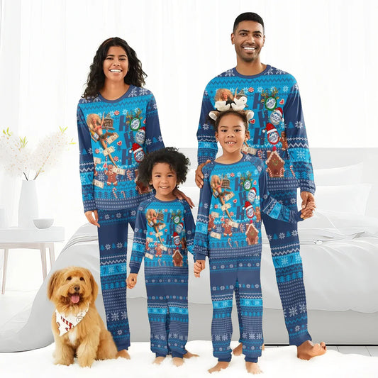 Smiling family in matching blue Christmas pajamas with Busch Light holiday design, indoor setting
