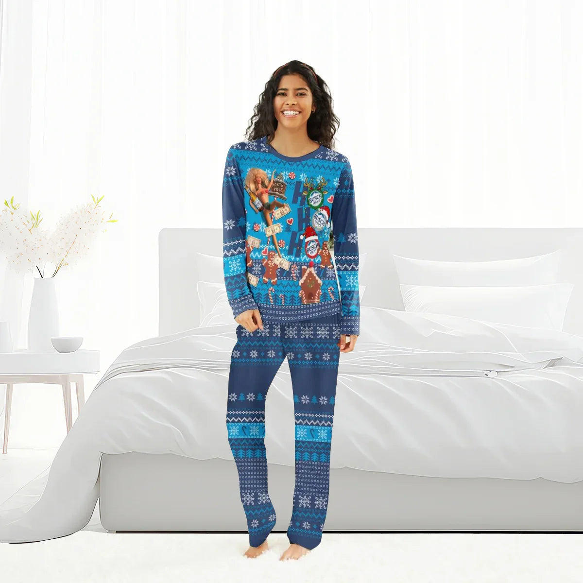 Woman wearing blue Busch Light HoHoHo Christmas family pajamas with holiday patterns in bright bedroom