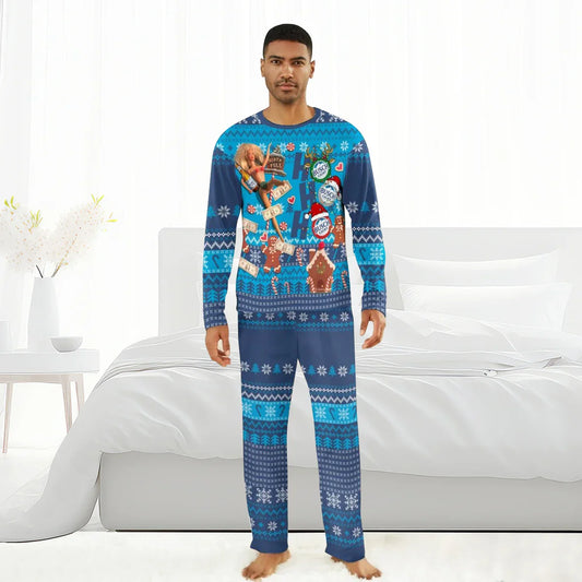 Man wearing blue Busch Light Christmas pajamas with holiday patterns and festive graphics