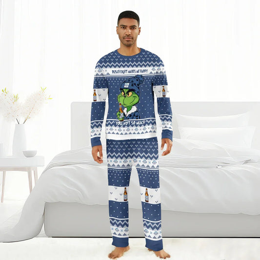 Man wearing blue and white Busch Light Grinch family pajamas with slogan and beer bottle graphics