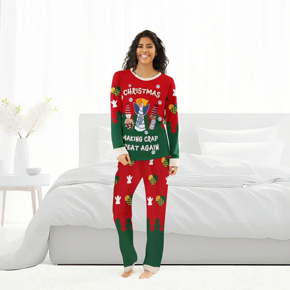 Smiling woman in red and green Christmas pajamas with Busch Light holiday design, standing in bright bedroom