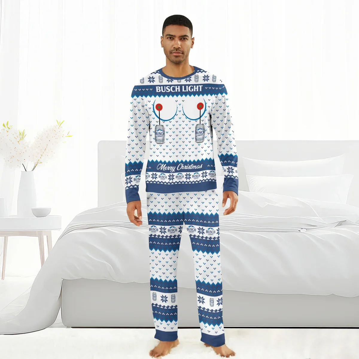 Man wearing white and blue Busch Light Christmas pajama set with cans and holiday patterns in bright bedroom