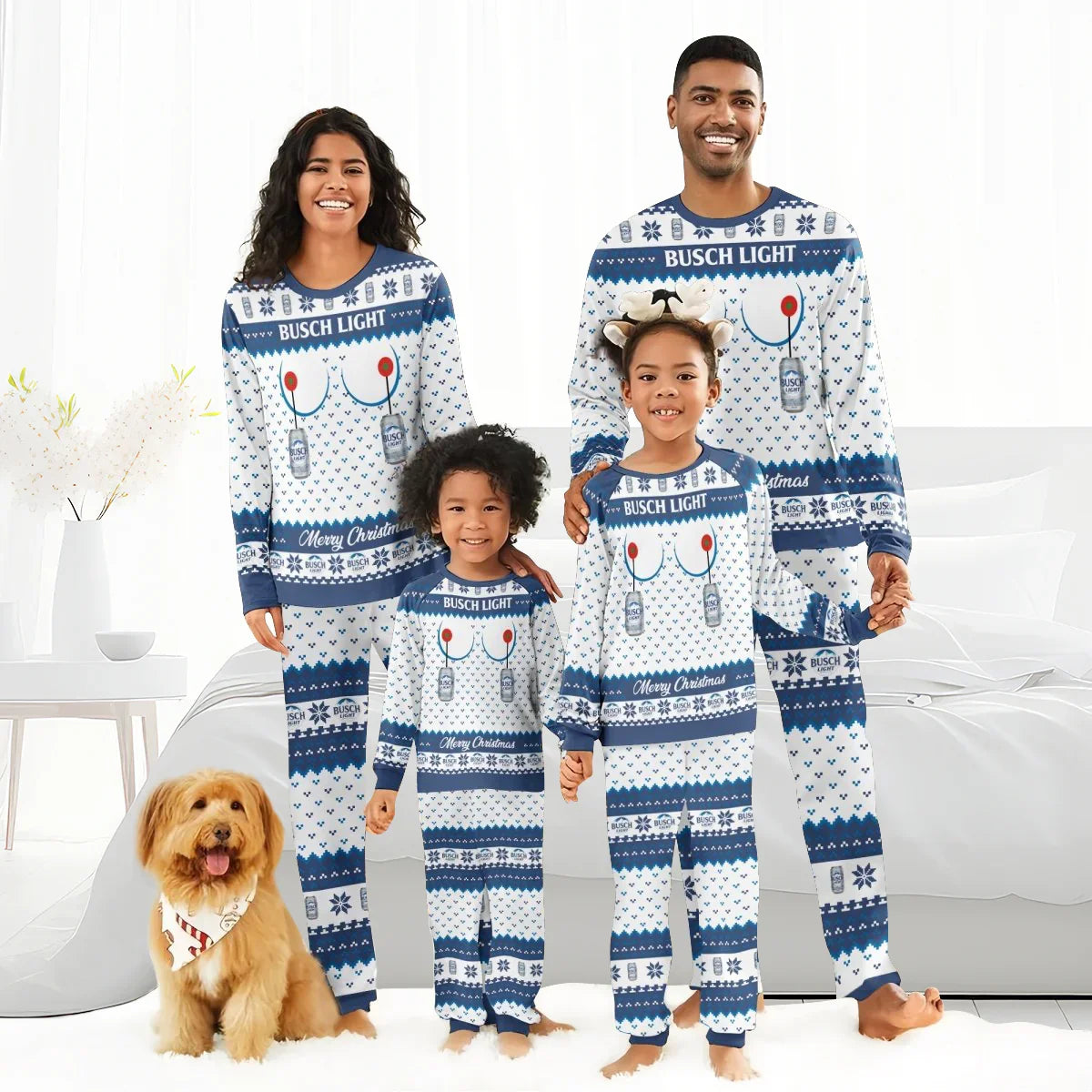 Smiling family in matching Busch Light Merry Christmas pajamas with reindeer antlers and dog in festive bandana