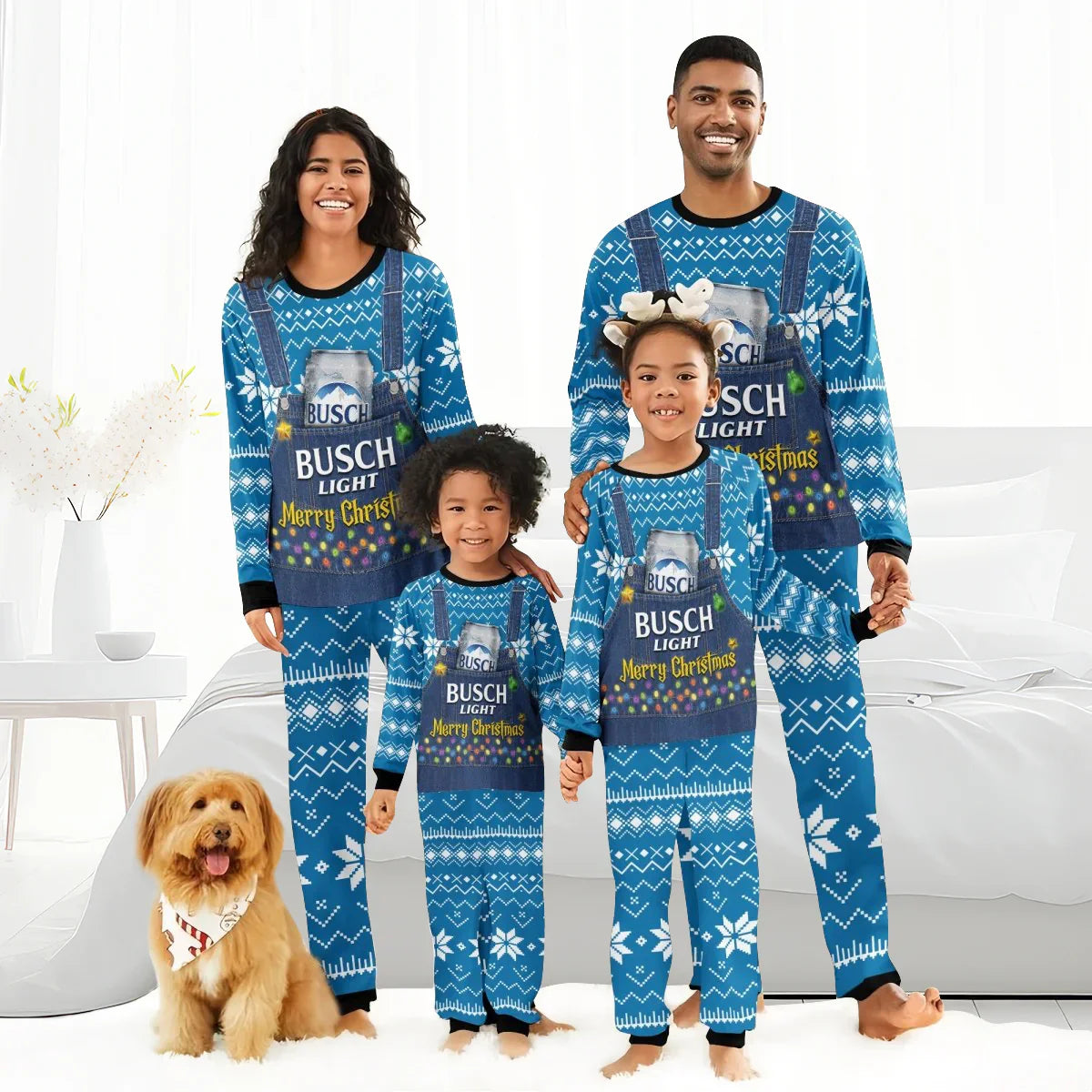 Smiling family of four and dog in matching blue Busch Light Christmas pajamas in cozy living room