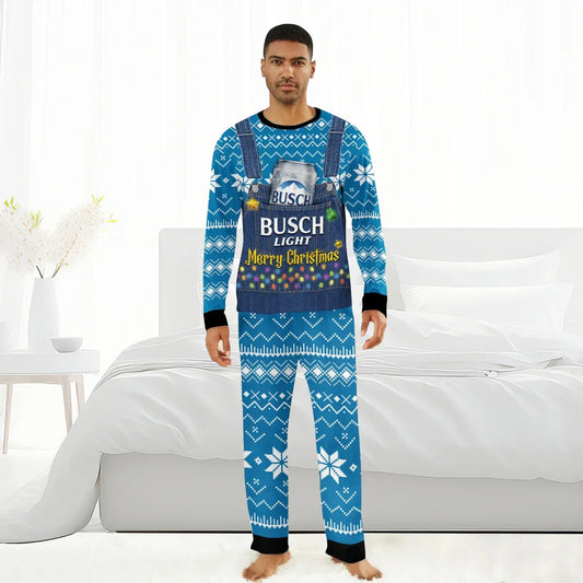Man wearing blue Busch Light Merry Christmas family pajamas with snowflake patterns in bedroom