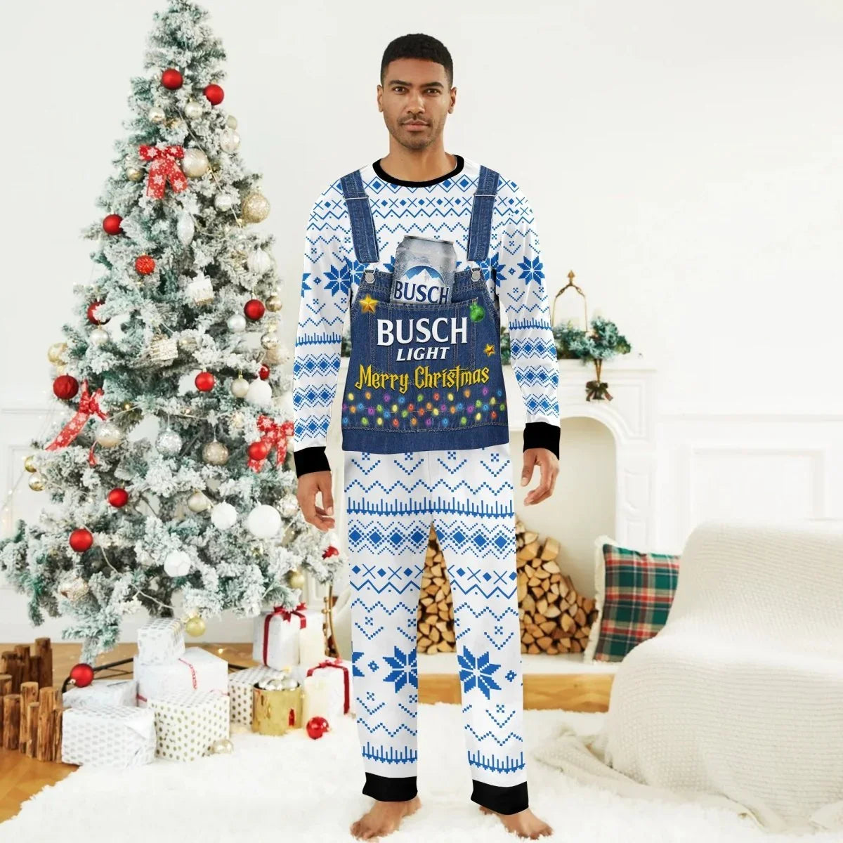 Man wearing blue and white Christmas pajamas with Busch Light and Merry Christmas design in cozy living room with decorated tree