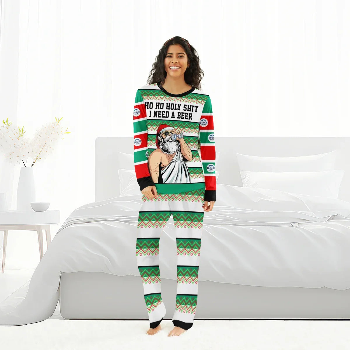 Smiling woman wearing Busch Light Christmas pajamas with humorous Santa and beer design