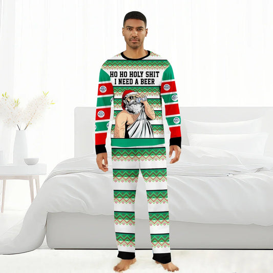 Man wearing green, red, and white Christmas pajamas with text I need a beer and Santa drinking beer