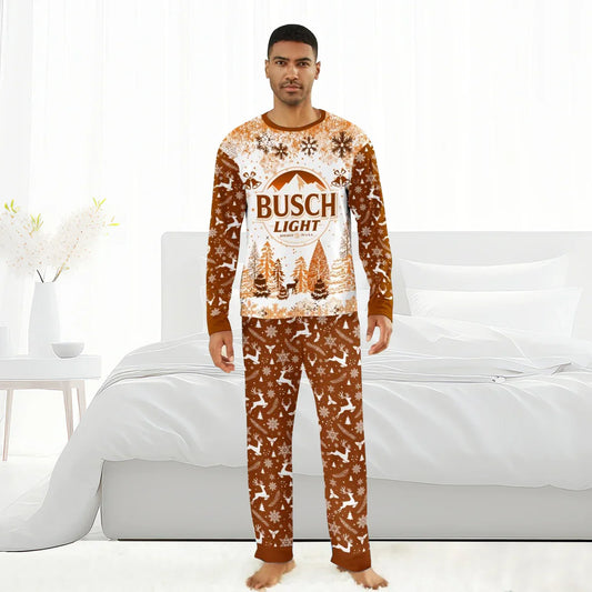 Man wearing brown and white Busch Light Christmas pajamas with reindeer and snowflake patterns