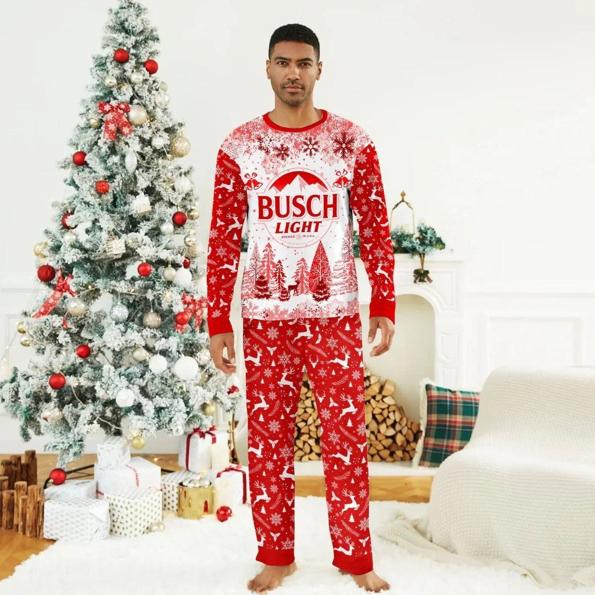Man wearing red Busch Light Christmas pajamas standing in festive room with decorated tree and wrapped gifts