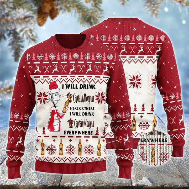 Captain Morgan Cat Hat Will Drink Everywhere Ugly Sweater - VinoVogue.com