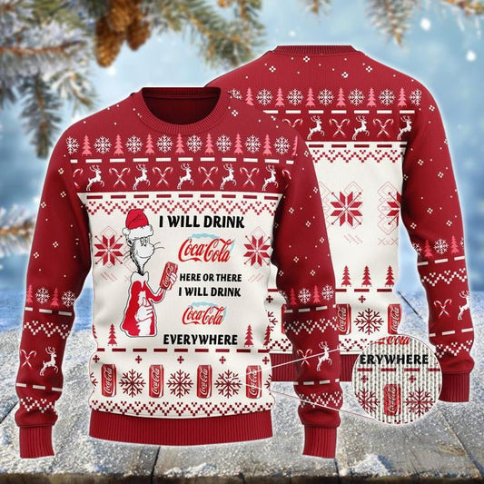 Cocacola Cat Hat Will Drink Everywhere Ugly Sweater - VinoVogue.com