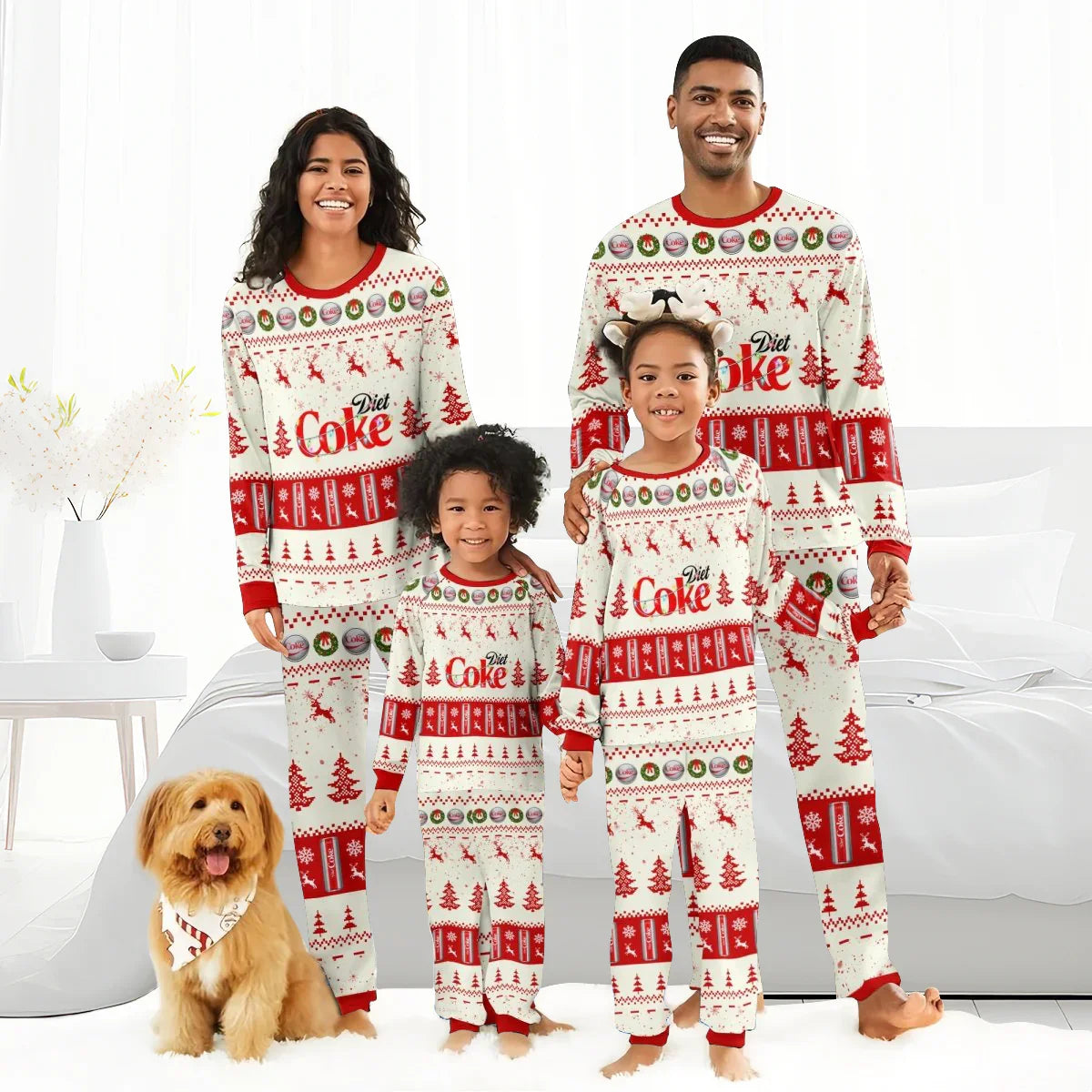 Family wearing matching Diet Coke Christmas reindeer pajamas with festive red and white patterns in a bright bedroom