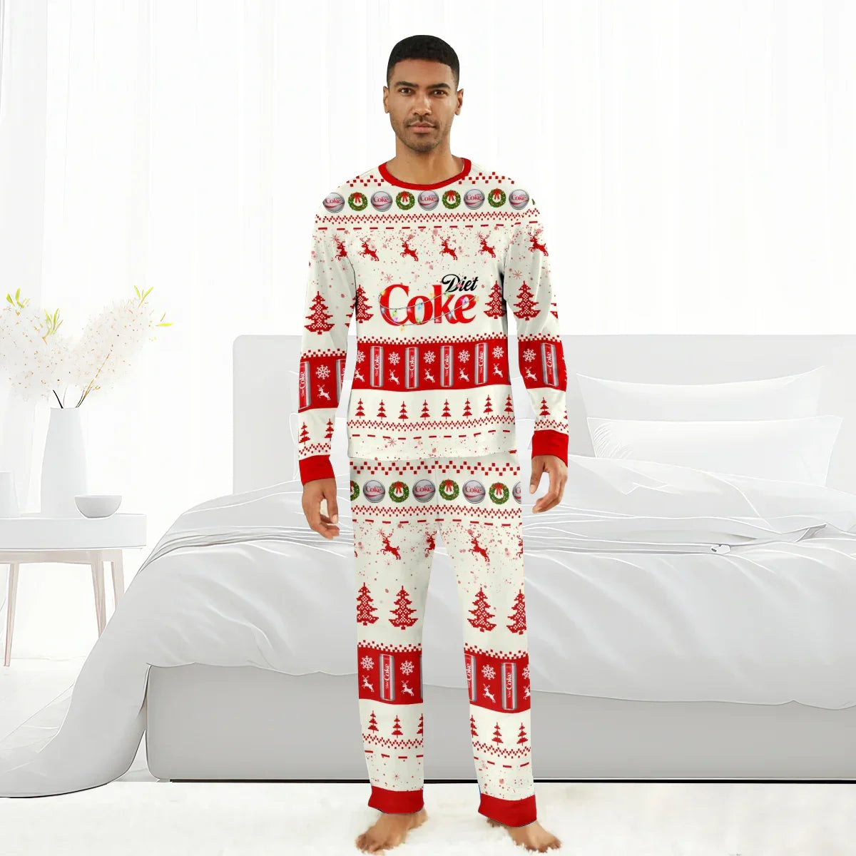 Man wearing red and white Diet Coke Christmas pajamas with holiday trees, reindeer, and wreaths