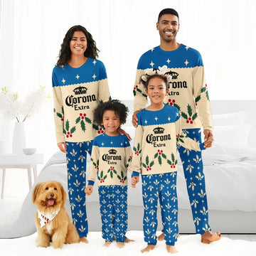 Family wearing matching Corona Extra Christmas holiday pajamas with blue and cream holly print, with dog in festive bandana