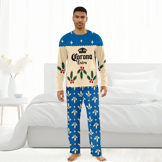 Man wearing Corona Extra Christmas pajamas with holly pattern in a bright bedroom