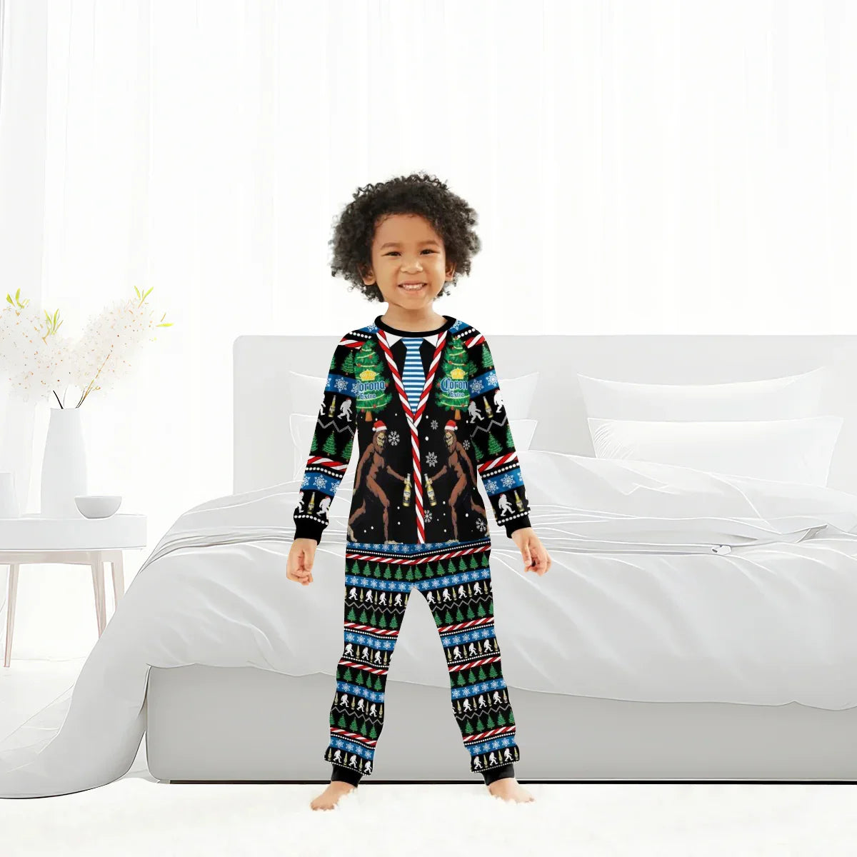 Child wearing Corona Extra Bigfoot family Christmas pajamas standing in modern bedroom