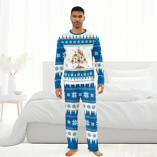 Man wearing blue and white Christmas pajamas with snowflakes and beer bottle tree design in modern bedroom